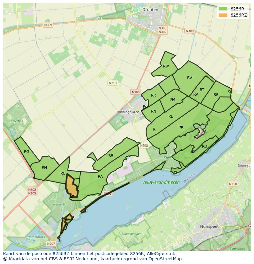 Afbeelding van het postcodegebied 8256 RZ op de kaart.