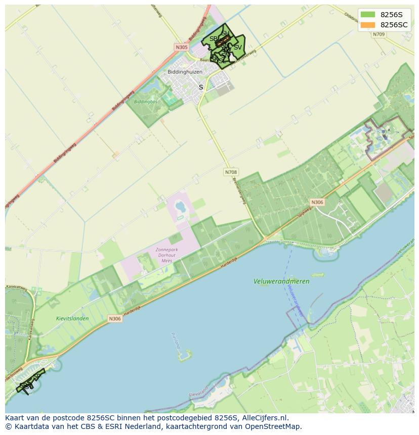 Afbeelding van het postcodegebied 8256 SC op de kaart.
