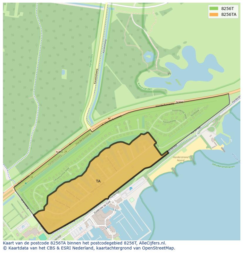 Afbeelding van het postcodegebied 8256 TA op de kaart.
