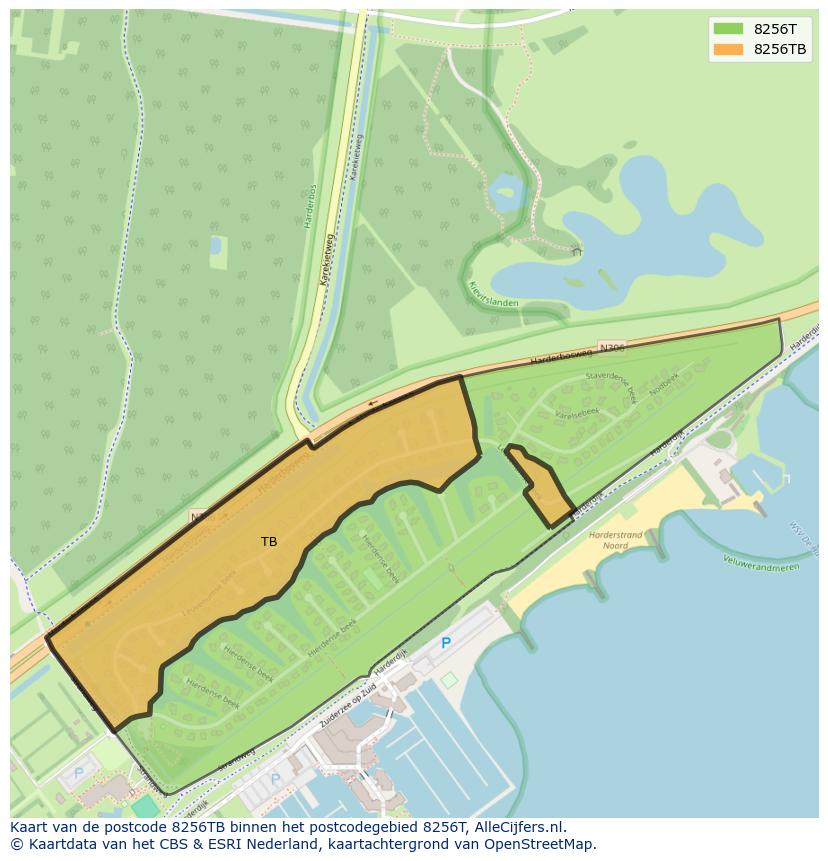 Afbeelding van het postcodegebied 8256 TB op de kaart.