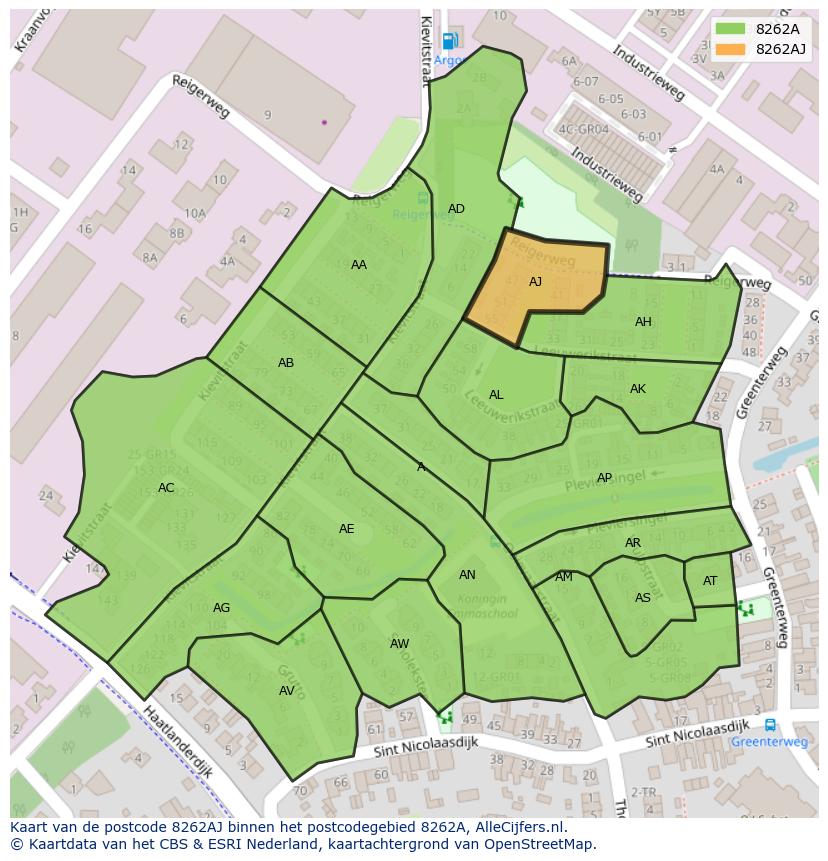 Afbeelding van het postcodegebied 8262 AJ op de kaart.