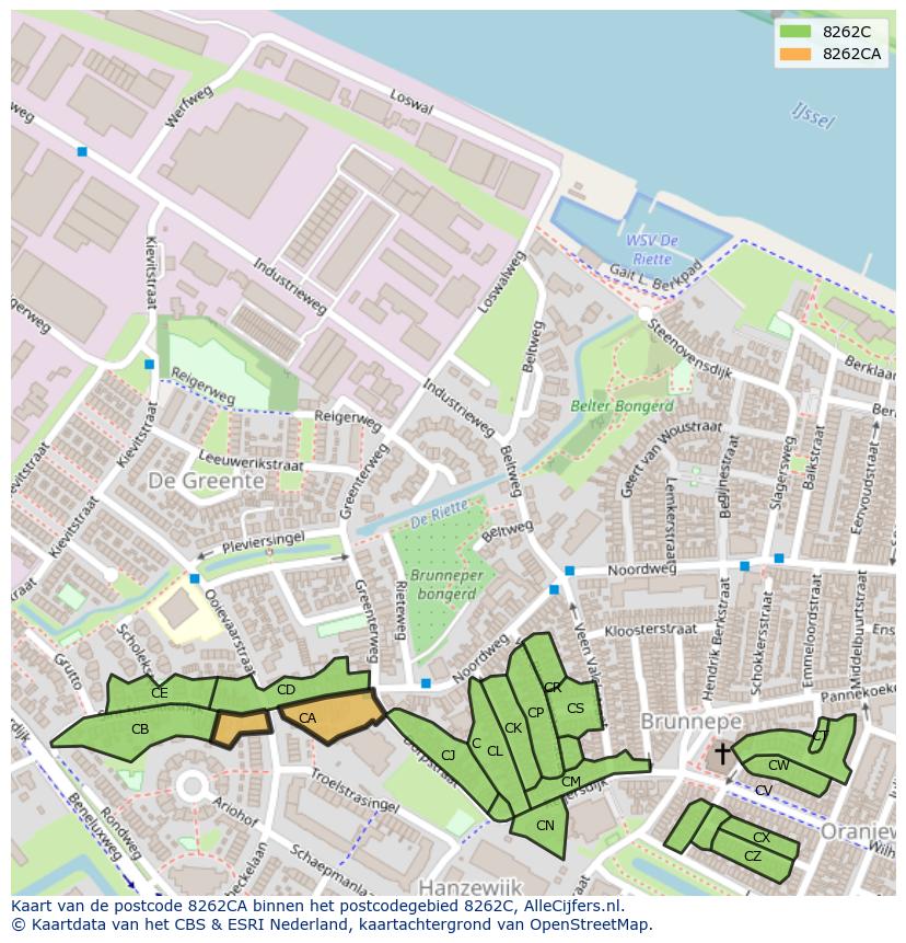 Afbeelding van het postcodegebied 8262 CA op de kaart.