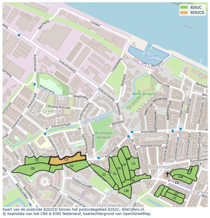 Afbeelding van het postcodegebied 8262 CD op de kaart.