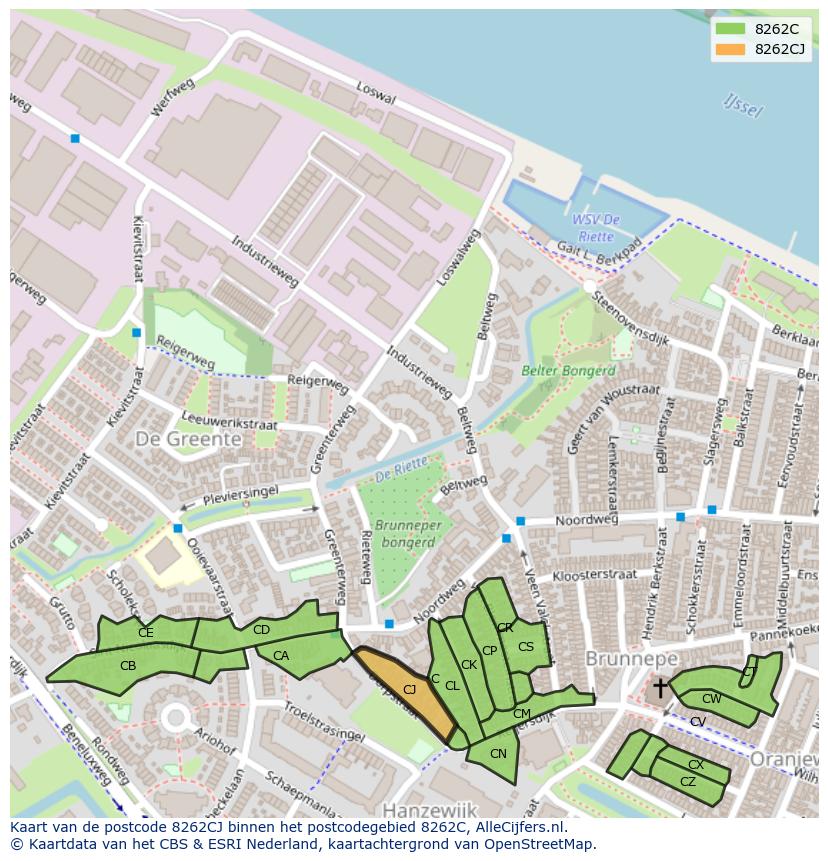 Afbeelding van het postcodegebied 8262 CJ op de kaart.