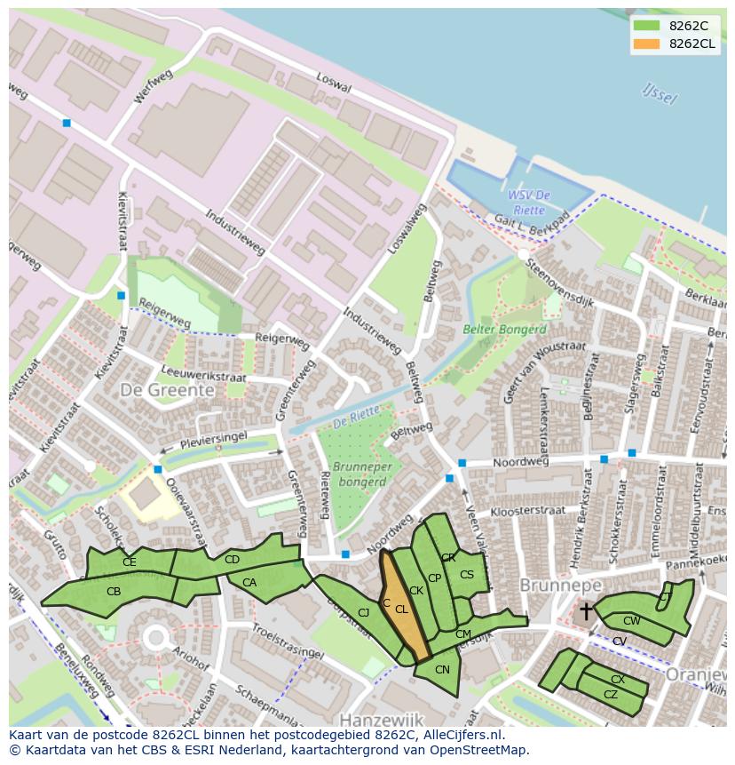 Afbeelding van het postcodegebied 8262 CL op de kaart.