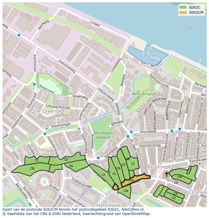 Afbeelding van het postcodegebied 8262 CM op de kaart.