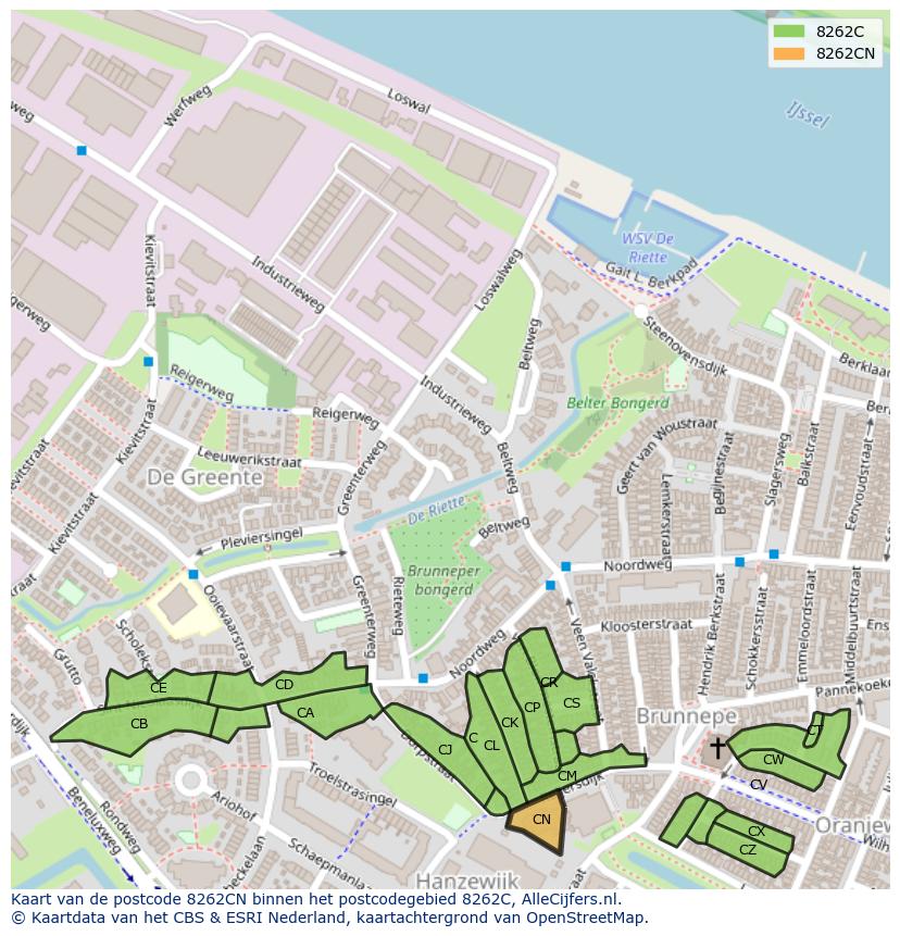 Afbeelding van het postcodegebied 8262 CN op de kaart.