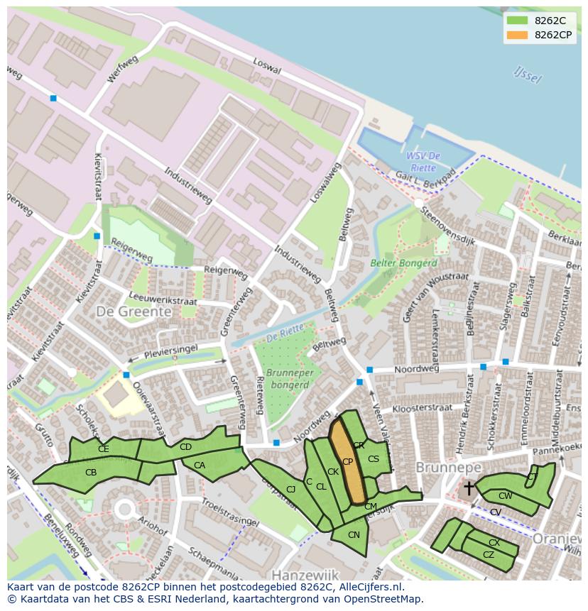 Afbeelding van het postcodegebied 8262 CP op de kaart.