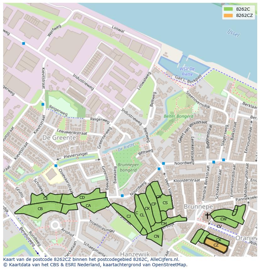Afbeelding van het postcodegebied 8262 CZ op de kaart.