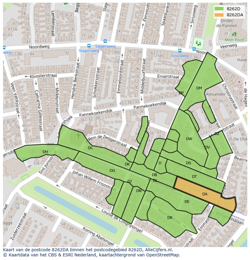 Afbeelding van het postcodegebied 8262 DA op de kaart.