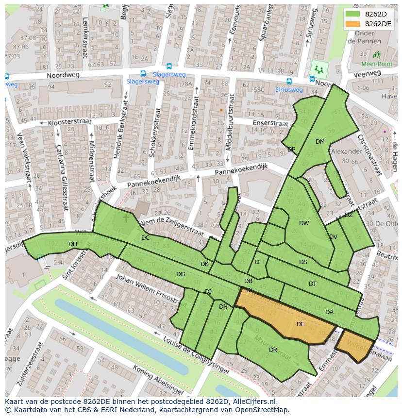 Afbeelding van het postcodegebied 8262 DE op de kaart.
