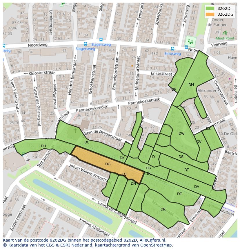 Afbeelding van het postcodegebied 8262 DG op de kaart.