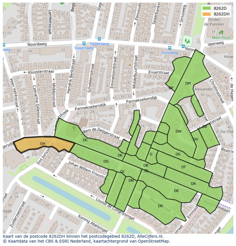 Afbeelding van het postcodegebied 8262 DH op de kaart.
