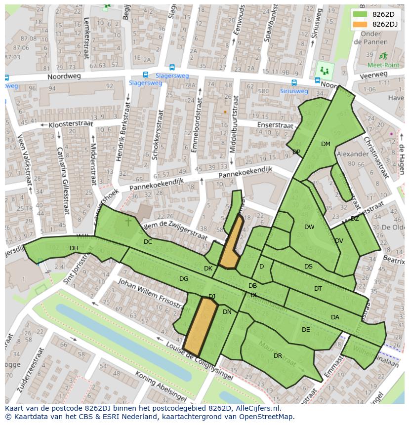 Afbeelding van het postcodegebied 8262 DJ op de kaart.