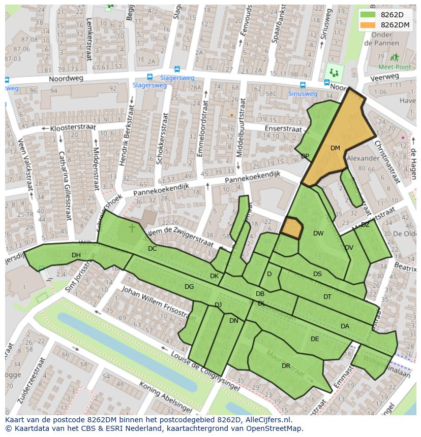 Afbeelding van het postcodegebied 8262 DM op de kaart.