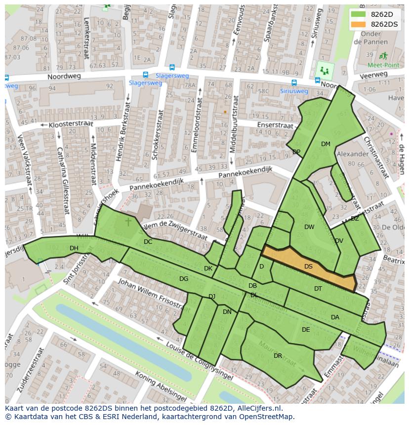 Afbeelding van het postcodegebied 8262 DS op de kaart.
