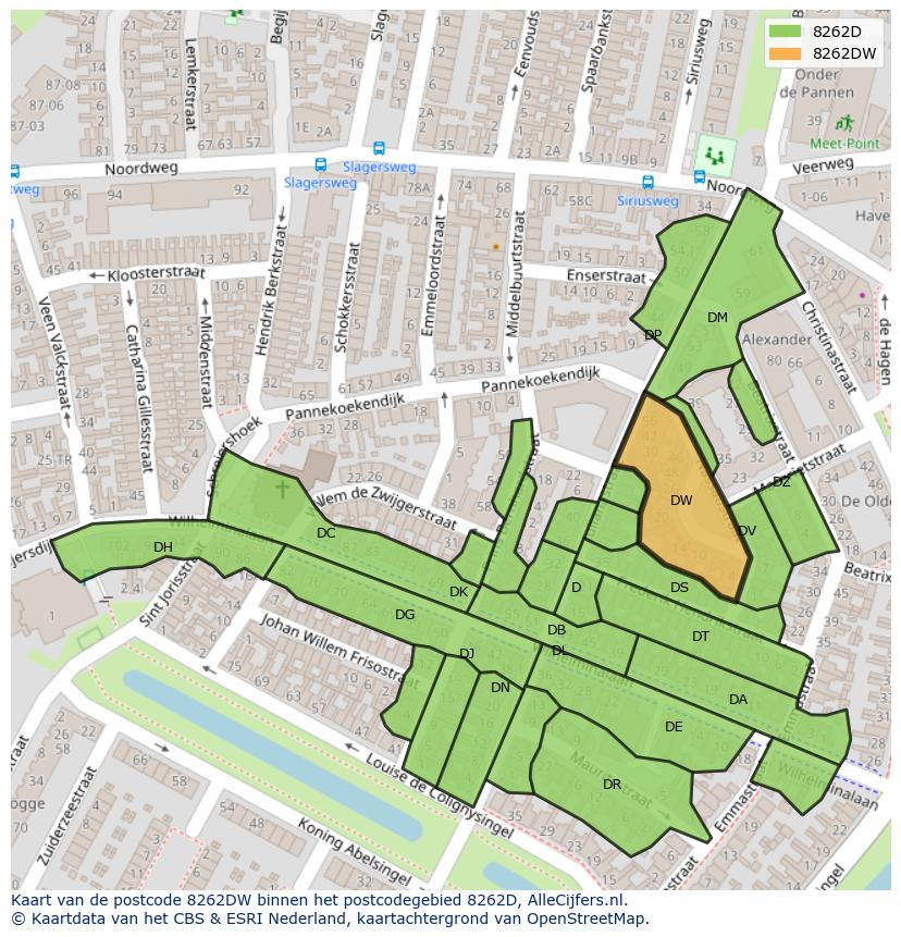 Afbeelding van het postcodegebied 8262 DW op de kaart.