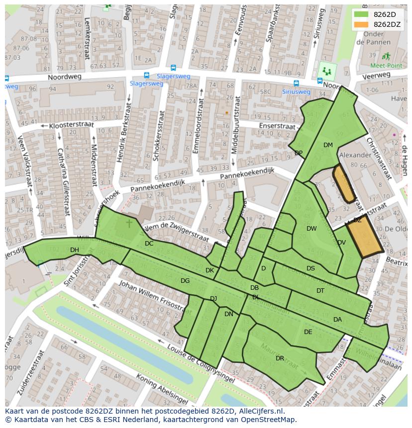 Afbeelding van het postcodegebied 8262 DZ op de kaart.