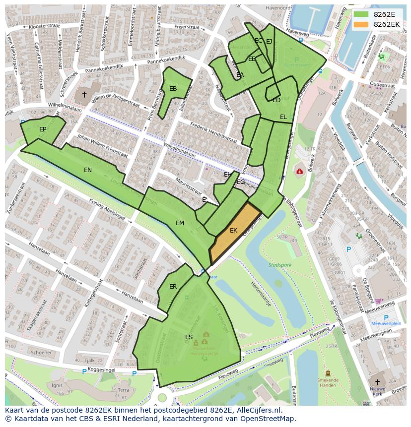 Afbeelding van het postcodegebied 8262 EK op de kaart.
