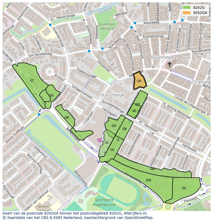 Afbeelding van het postcodegebied 8262 GA op de kaart.