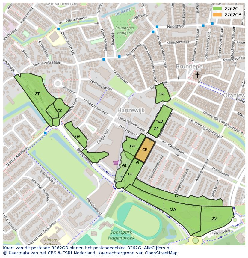 Afbeelding van het postcodegebied 8262 GB op de kaart.