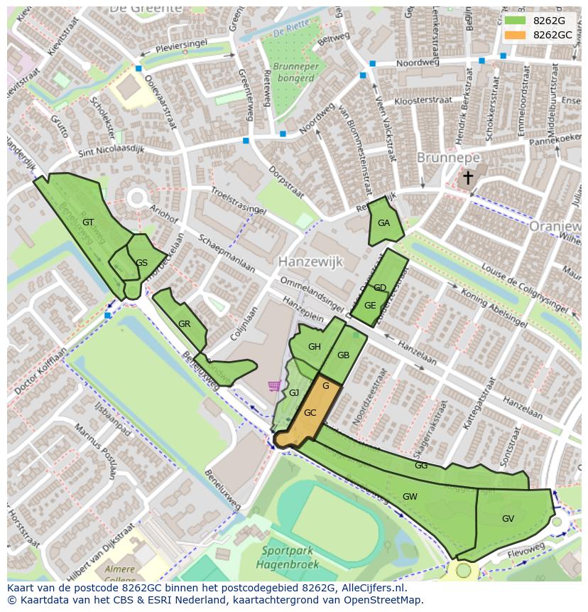 Afbeelding van het postcodegebied 8262 GC op de kaart.