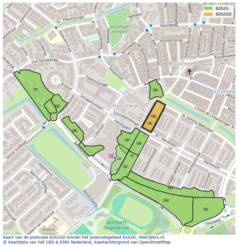 Afbeelding van het postcodegebied 8262 GD op de kaart.