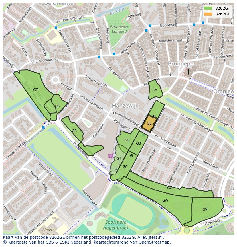 Afbeelding van het postcodegebied 8262 GE op de kaart.