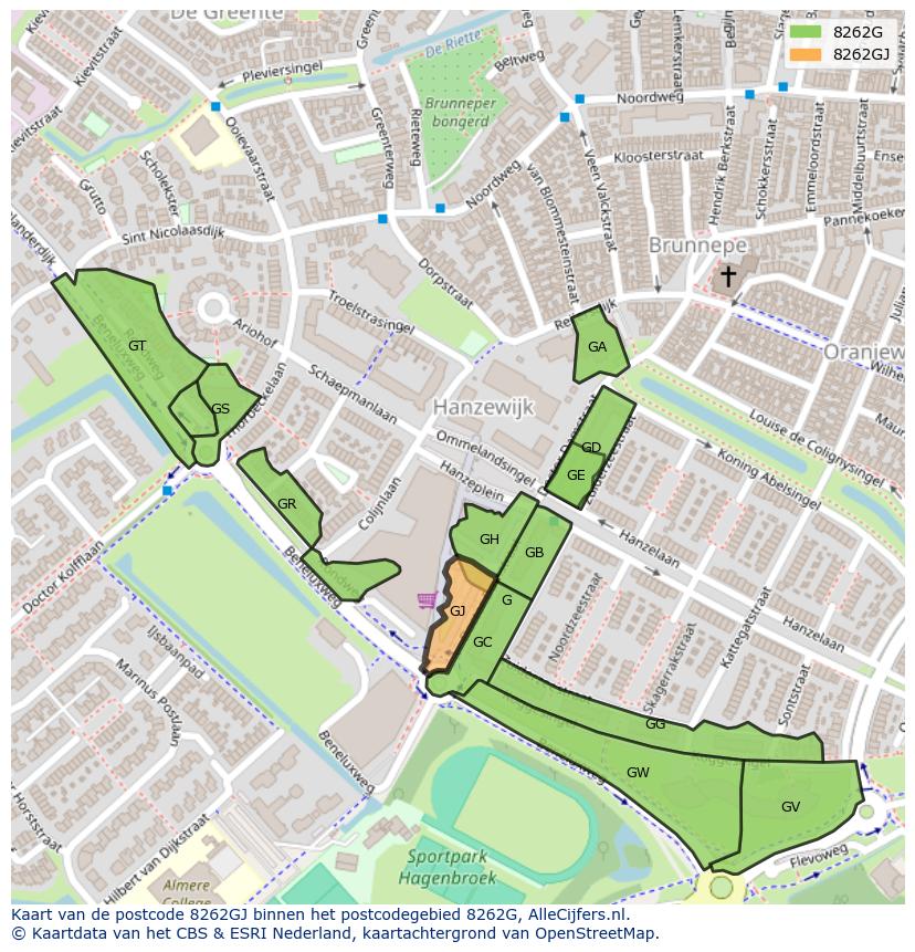 Afbeelding van het postcodegebied 8262 GJ op de kaart.