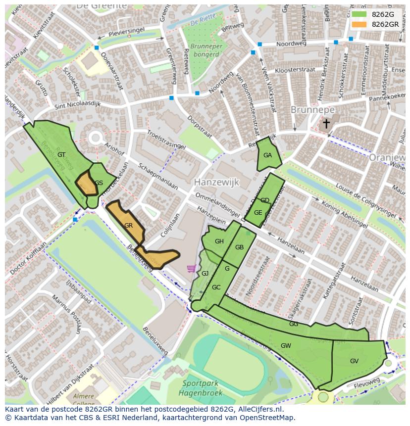 Afbeelding van het postcodegebied 8262 GR op de kaart.