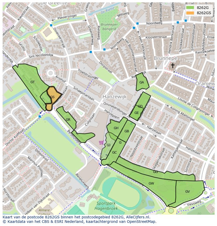 Afbeelding van het postcodegebied 8262 GS op de kaart.