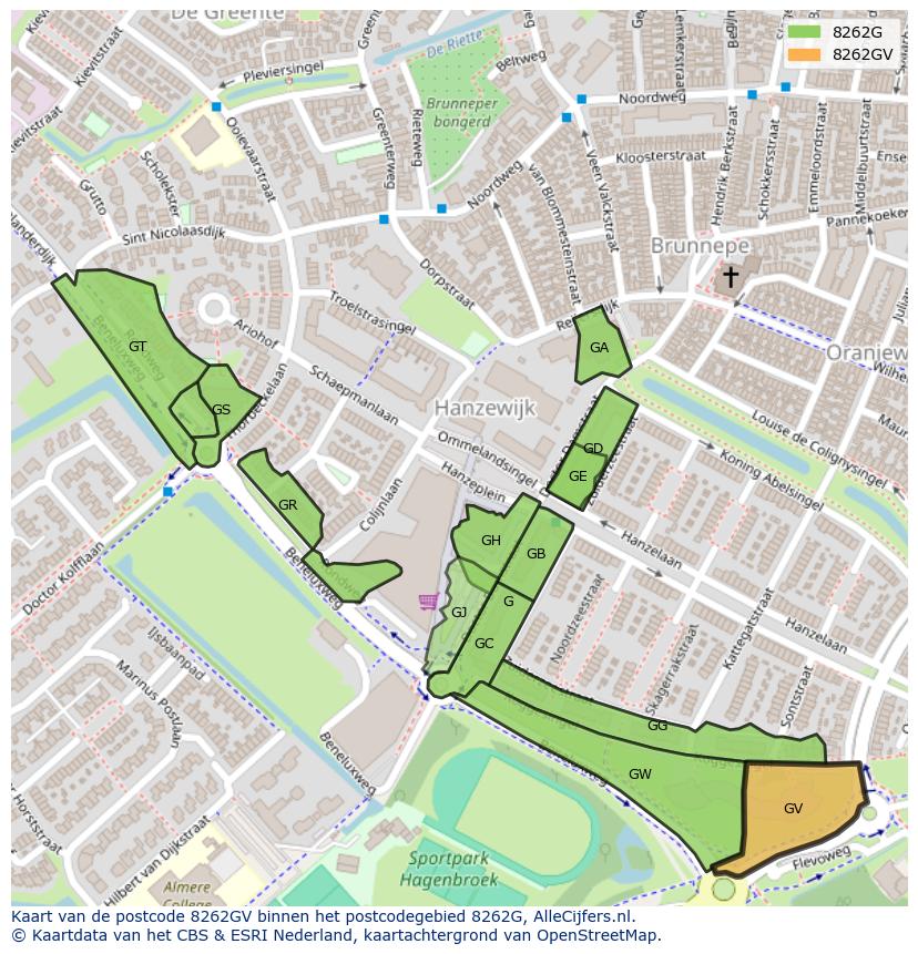 Afbeelding van het postcodegebied 8262 GV op de kaart.