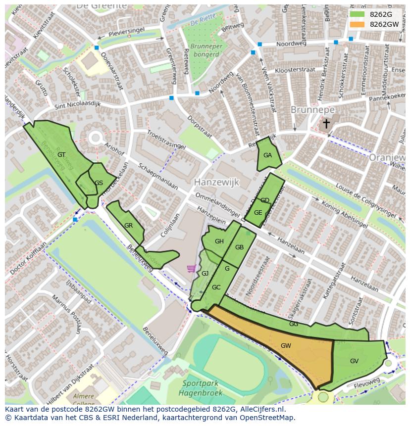 Afbeelding van het postcodegebied 8262 GW op de kaart.