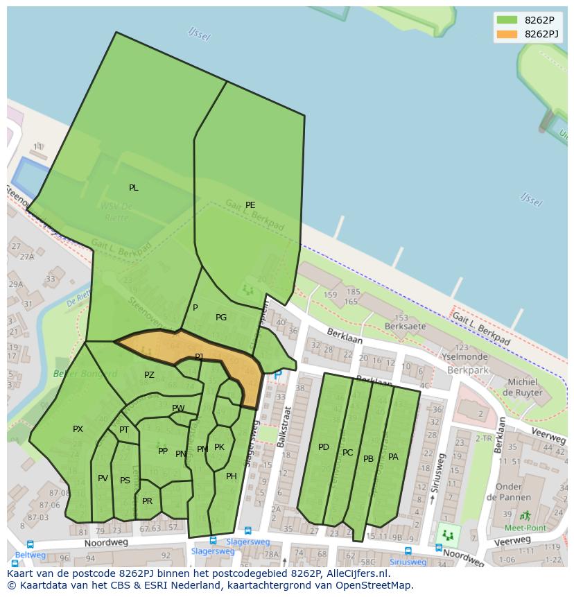 Afbeelding van het postcodegebied 8262 PJ op de kaart.