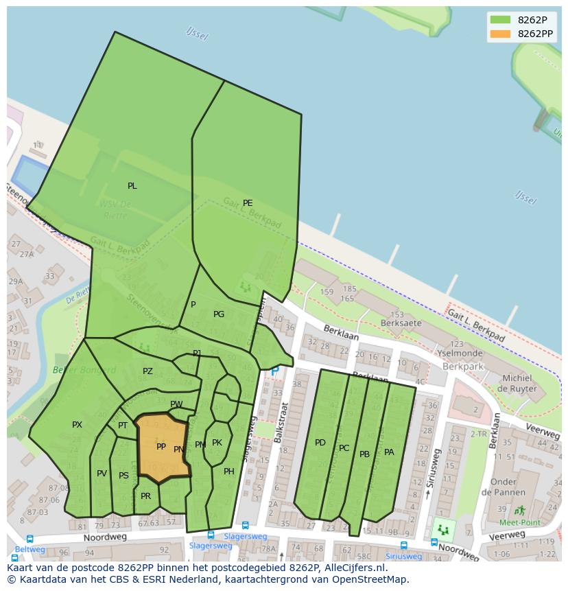 Afbeelding van het postcodegebied 8262 PP op de kaart.