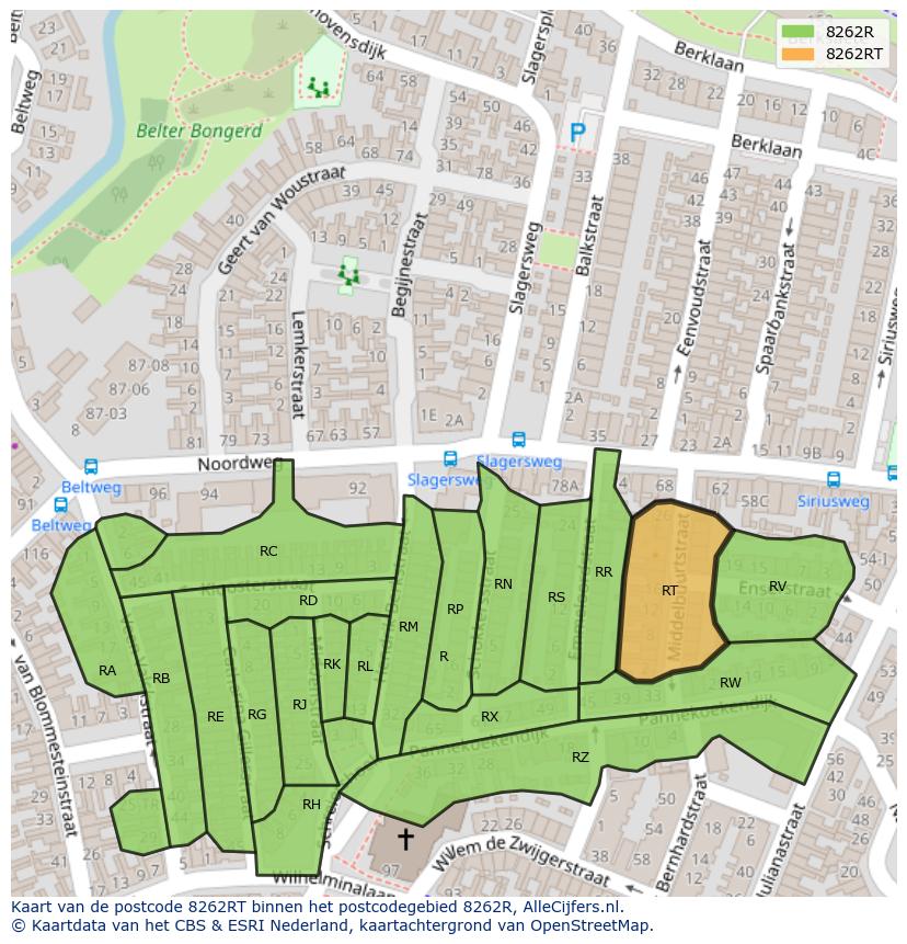 Afbeelding van het postcodegebied 8262 RT op de kaart.