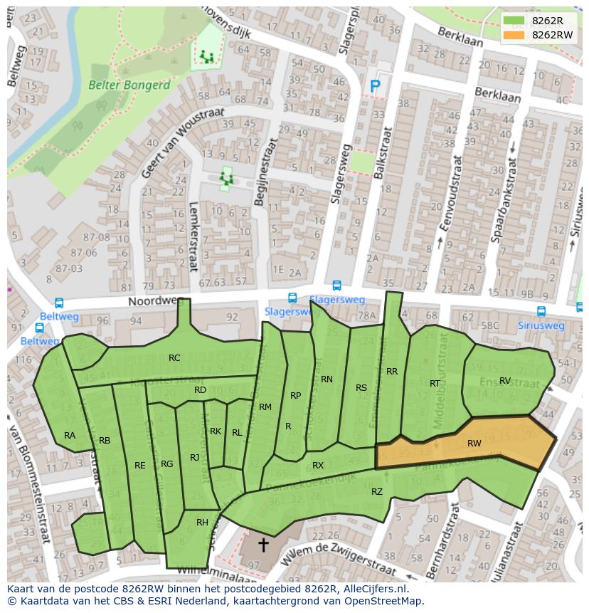 Afbeelding van het postcodegebied 8262 RW op de kaart.