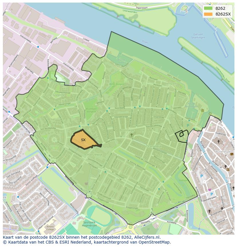 Afbeelding van het postcodegebied 8262 SX op de kaart.
