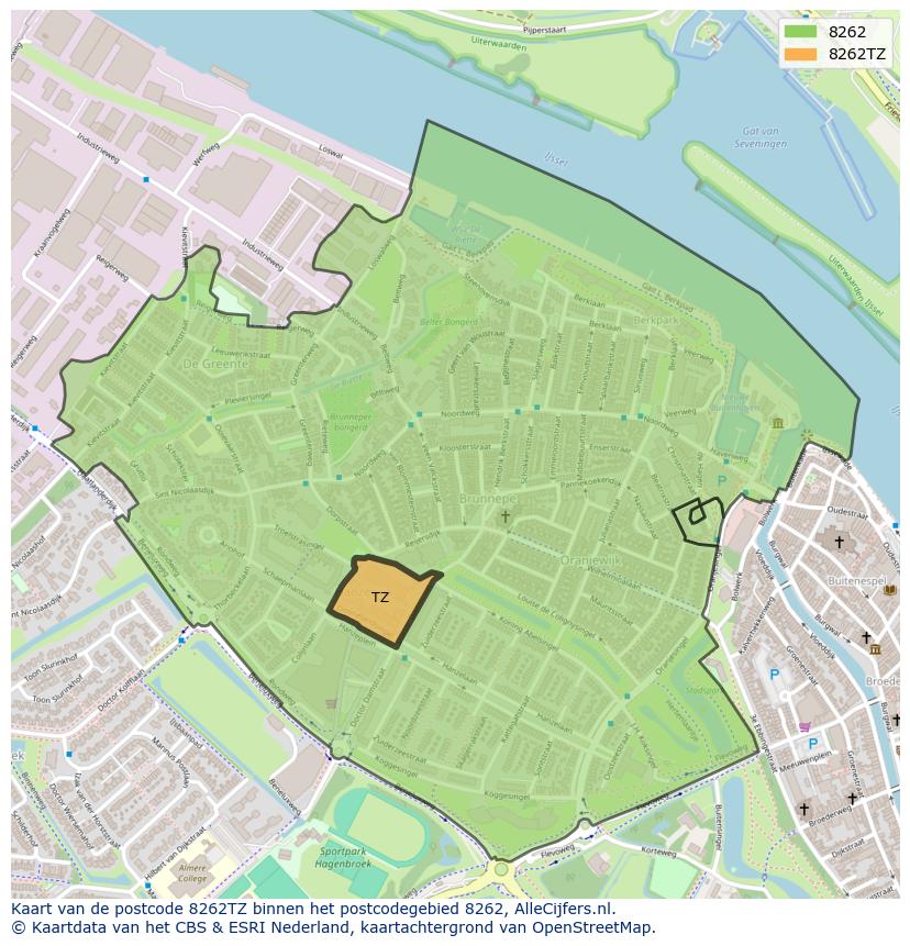 Afbeelding van het postcodegebied 8262 TZ op de kaart.