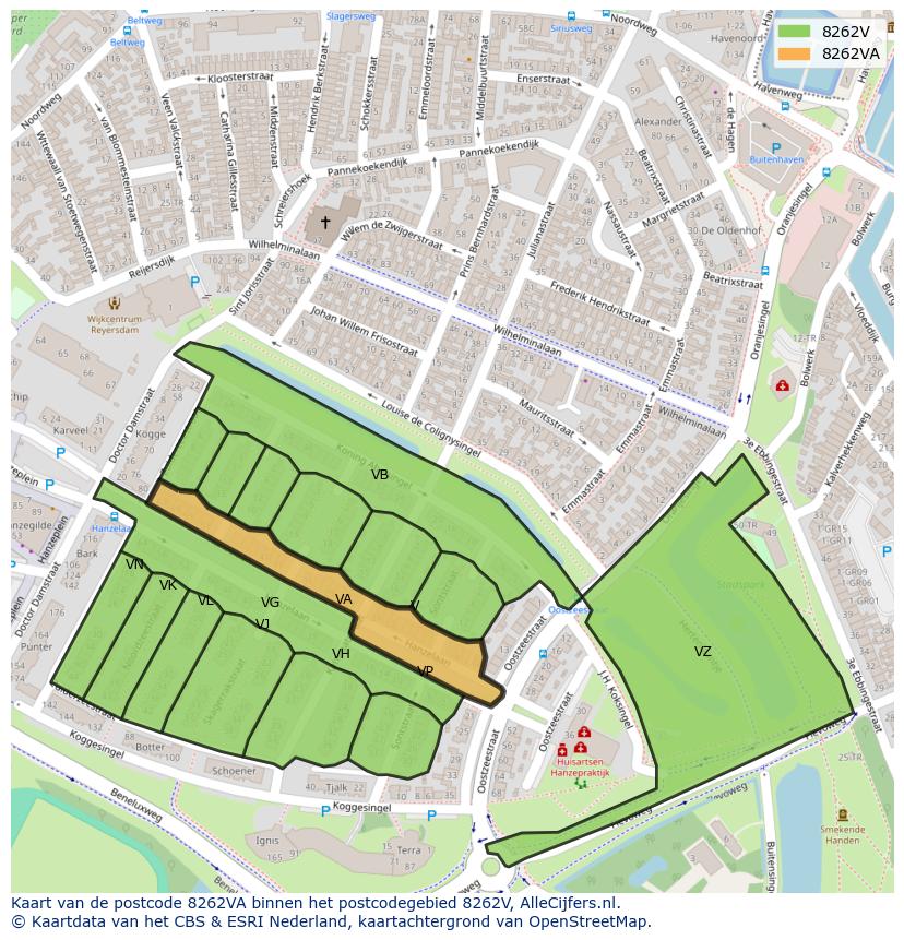 Afbeelding van het postcodegebied 8262 VA op de kaart.