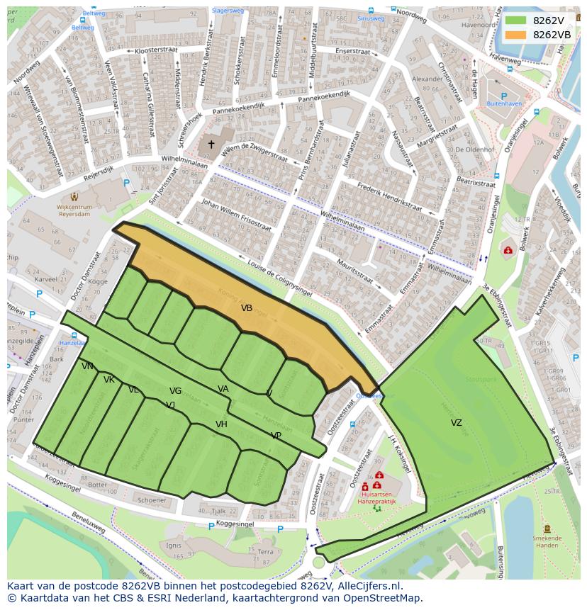 Afbeelding van het postcodegebied 8262 VB op de kaart.