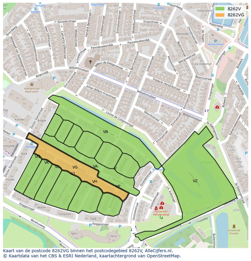 Afbeelding van het postcodegebied 8262 VG op de kaart.