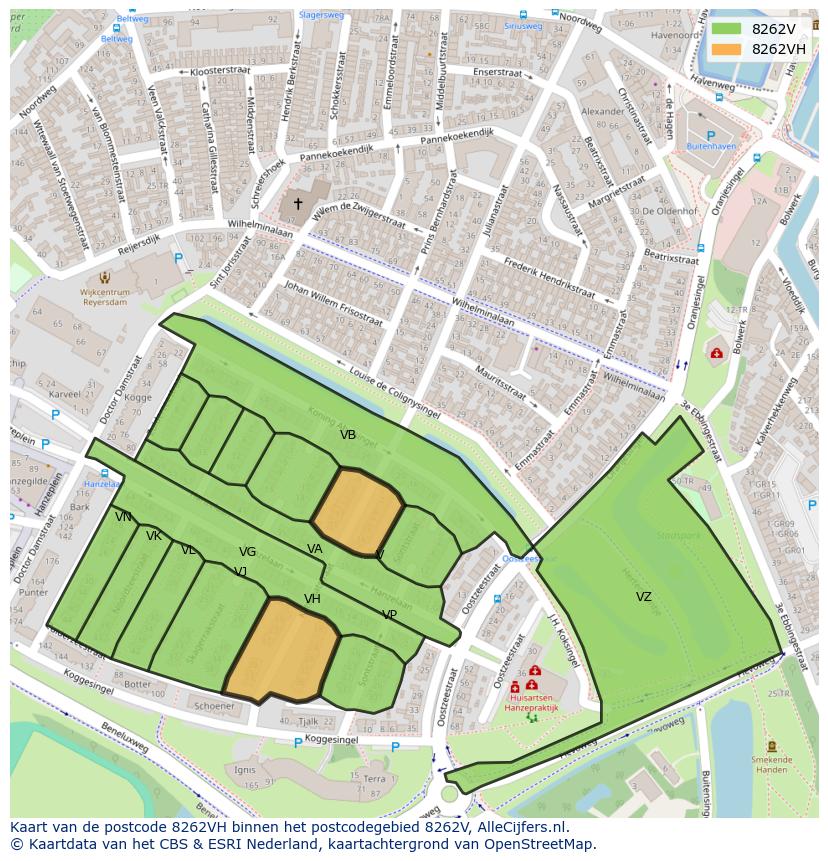 Afbeelding van het postcodegebied 8262 VH op de kaart.