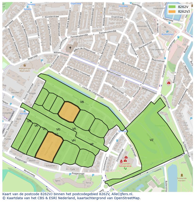 Afbeelding van het postcodegebied 8262 VJ op de kaart.