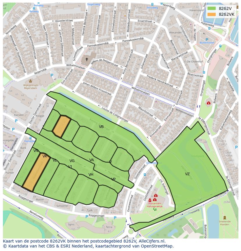 Afbeelding van het postcodegebied 8262 VK op de kaart.