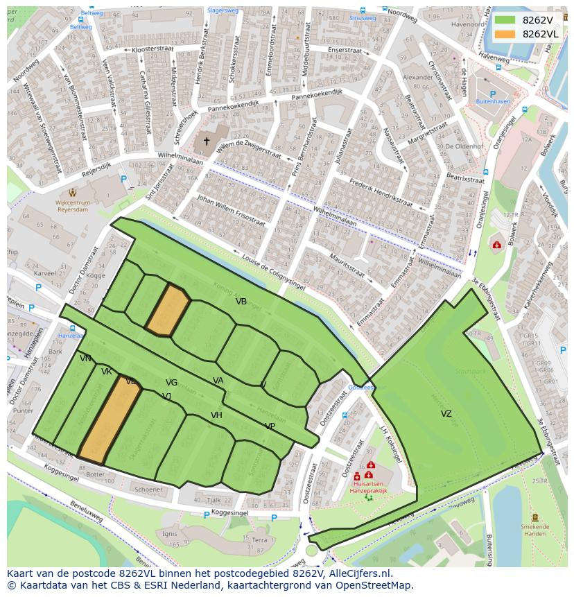Afbeelding van het postcodegebied 8262 VL op de kaart.