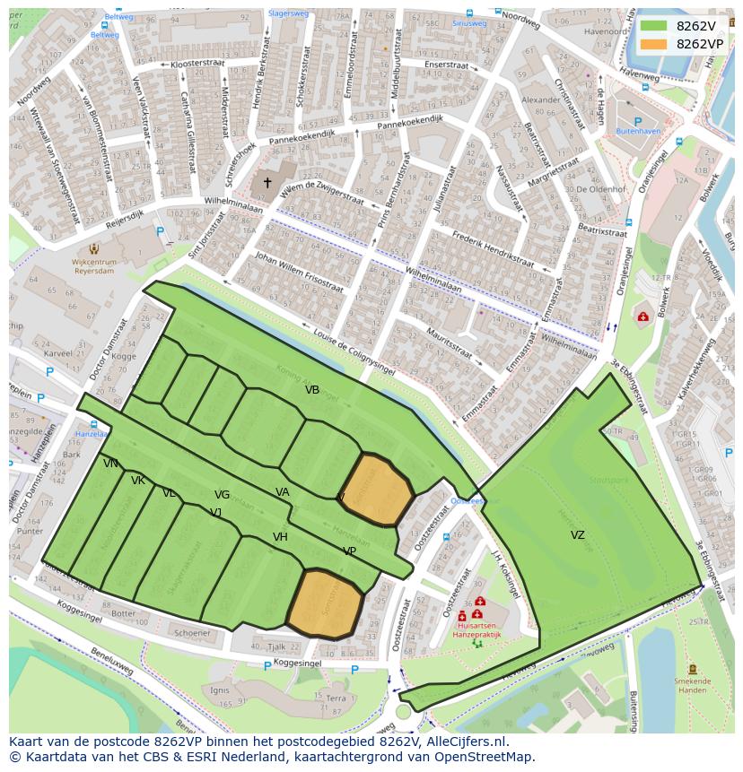 Afbeelding van het postcodegebied 8262 VP op de kaart.