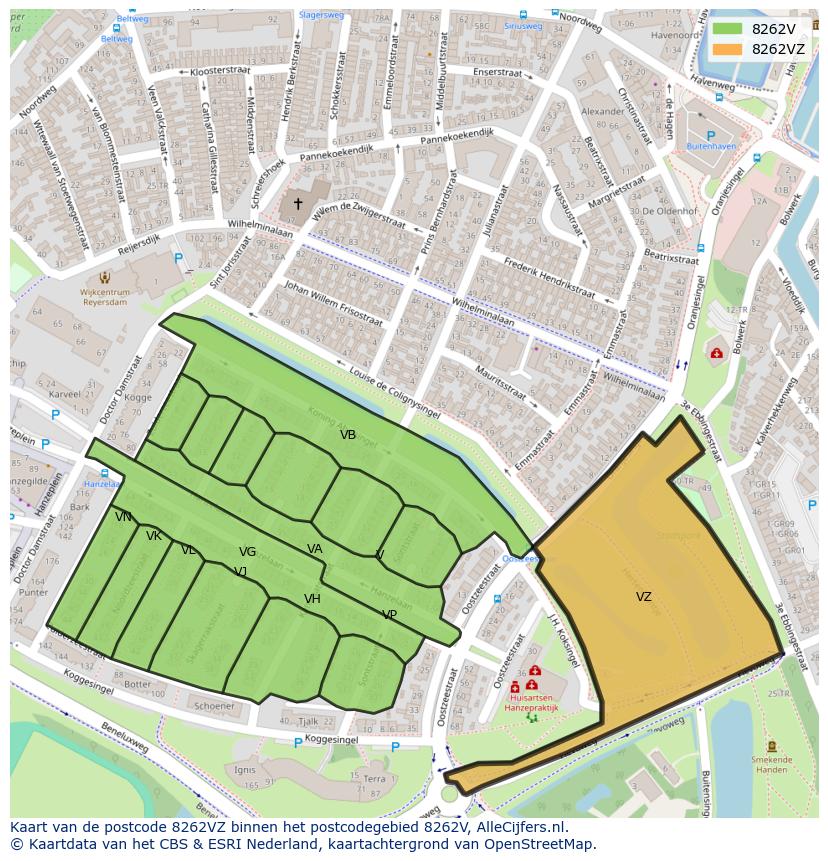 Afbeelding van het postcodegebied 8262 VZ op de kaart.