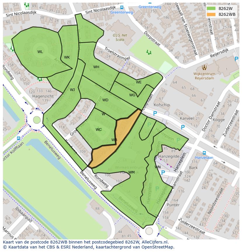 Afbeelding van het postcodegebied 8262 WB op de kaart.