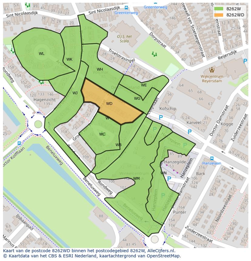 Afbeelding van het postcodegebied 8262 WD op de kaart.